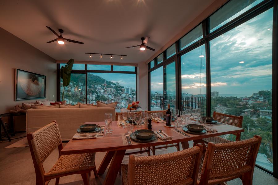 Dining room with river and mountain views